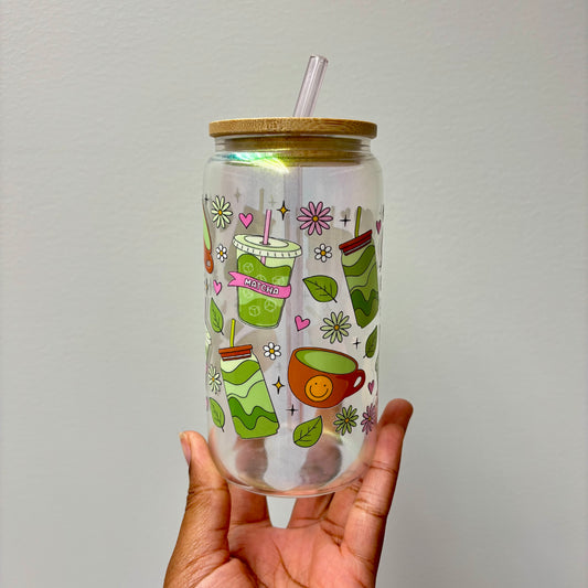 Blooming Matcha Glass Can – Iridescent Green Cup for Springtime Sips